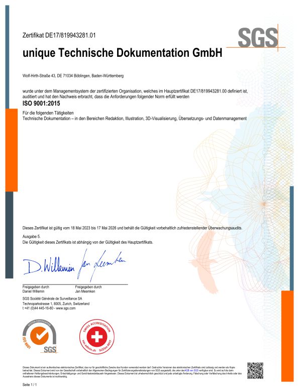 Zertifiziert nach DIN ISO 9001:2015 Qualitätsmanagement -  - unique Technische Dokumentation GmbH